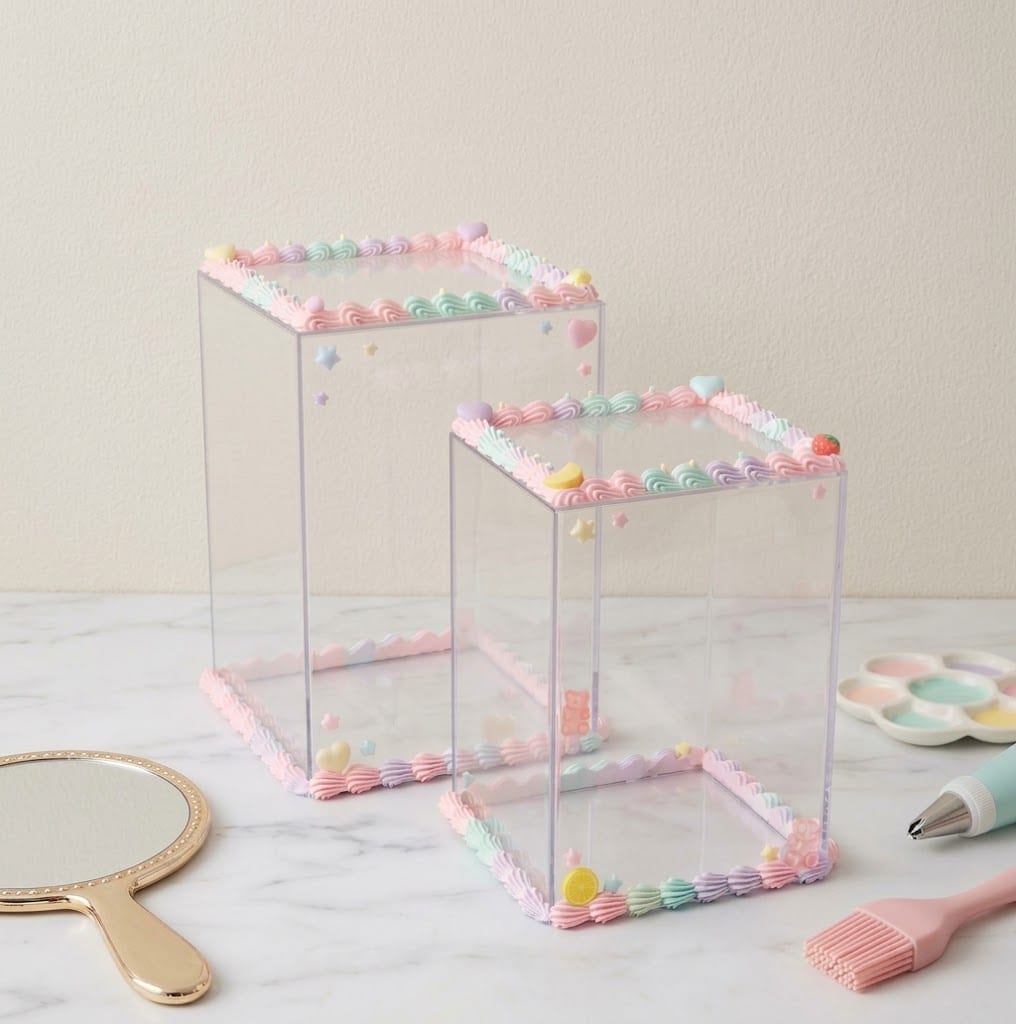 Two clear acrylic display boxes edged with pastel piped cream and little hearts and stars
