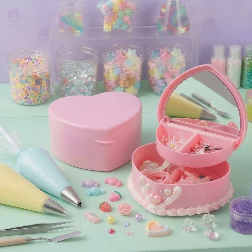 A pink heart-shaped jewellery box with a mirror in the lid, piped with cream and pearls, beside jars of charms