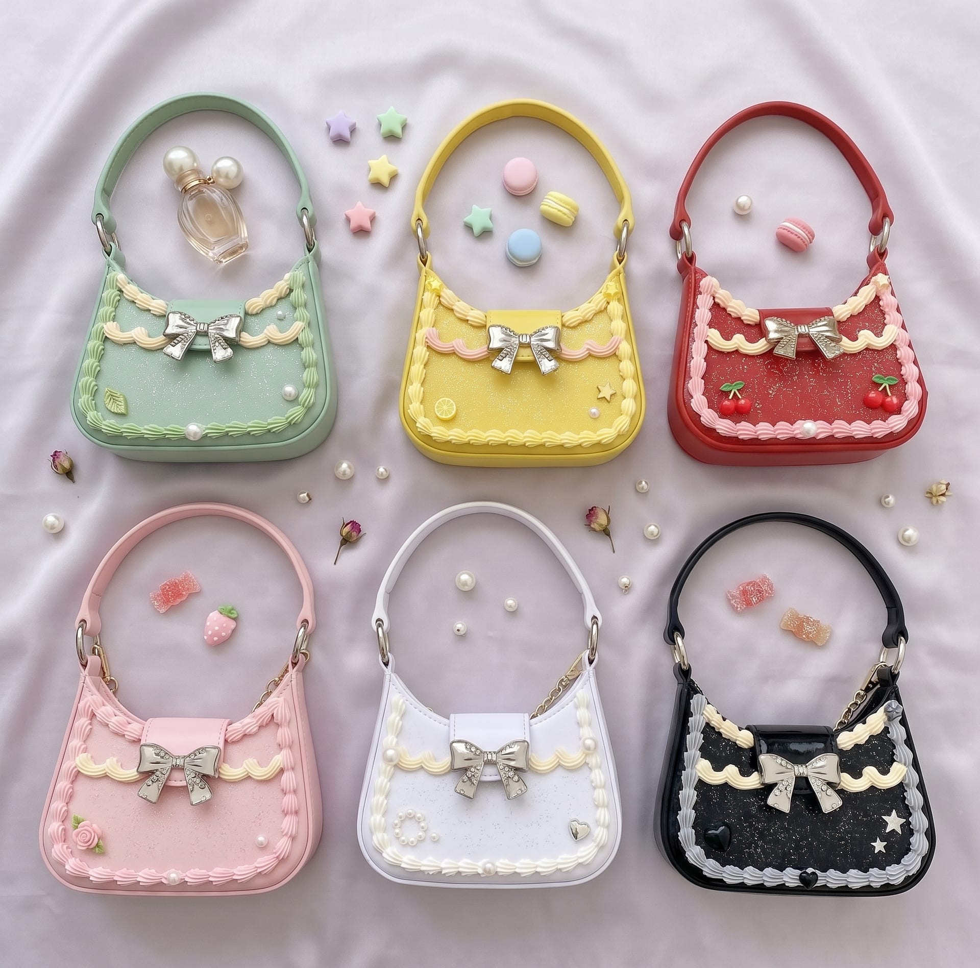 Six small handbags in mint, yellow, red, pink, white and black, each piped with cream frills and a silver bow