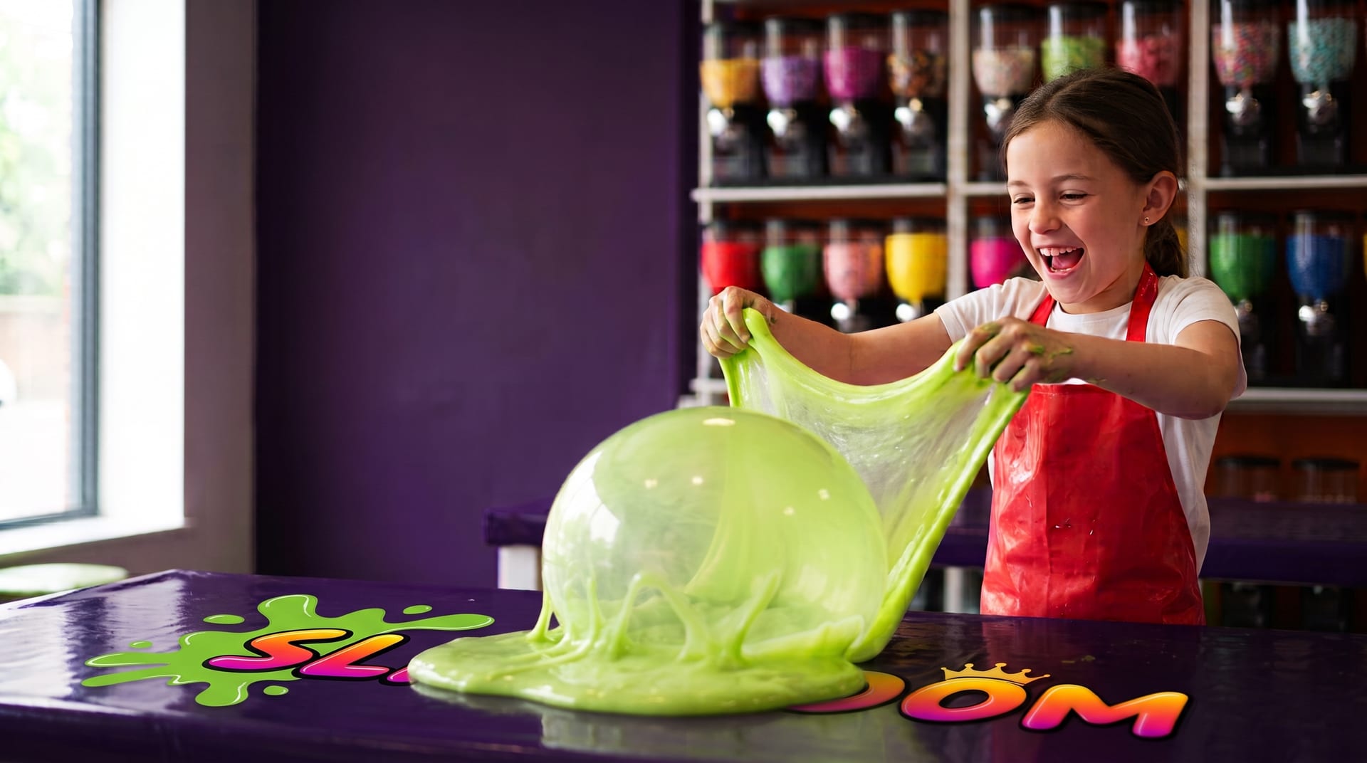 A child in a red apron laughs as a huge green slime bubble balloons up from a purple table