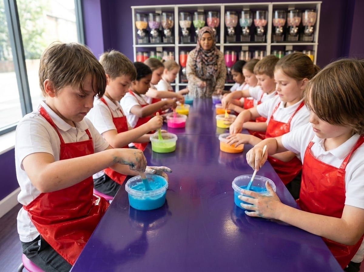 A class of children in aprons mixing tubs of bright slime along a long purple table