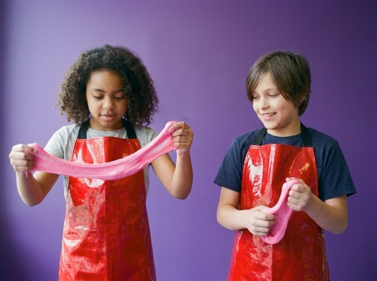 Two children in red aprons stretch pink slime in front of a purple wall