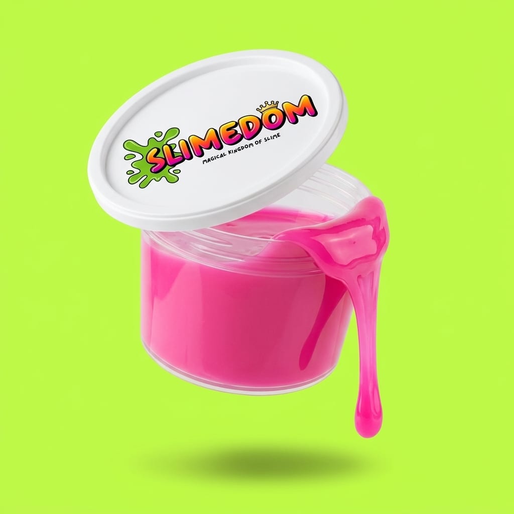 A clear tub of pink slime floating on a lime background, slime dripping over the rim