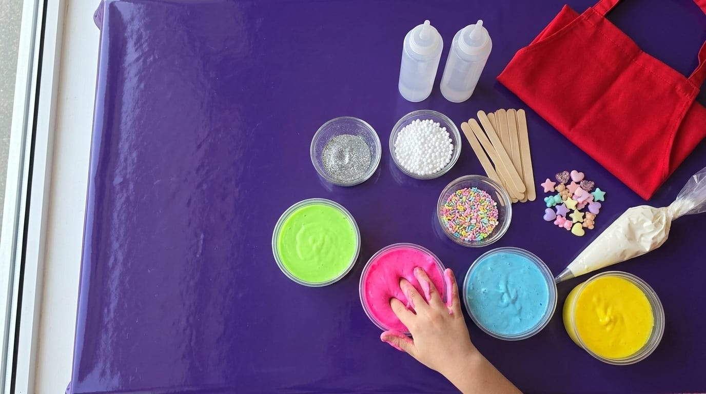 Overhead view of a purple table laid out with tubs of slime, glitter, beads and charms