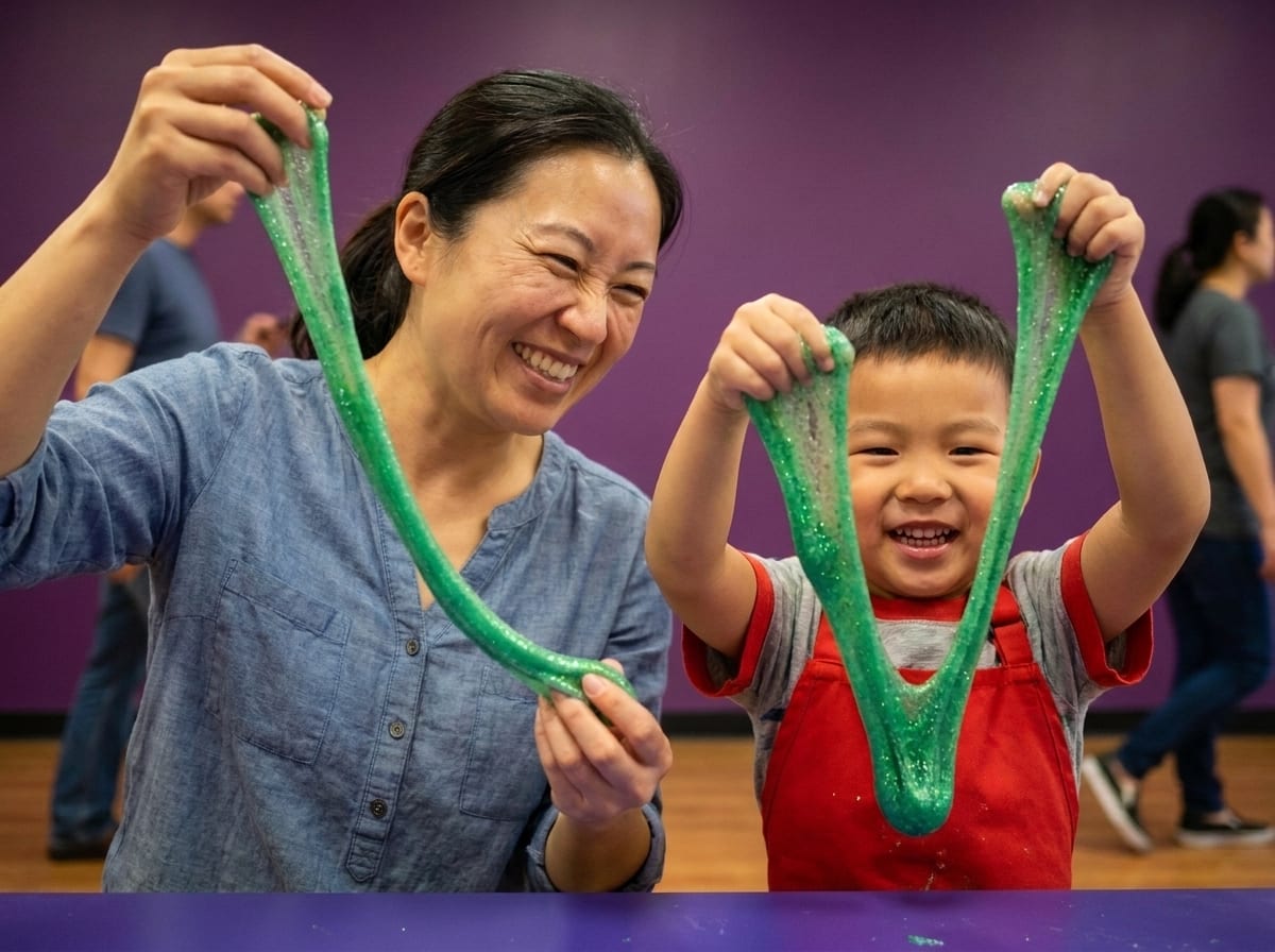 A grown-up and a child laugh as they stretch strands of green glitter slime in the air
