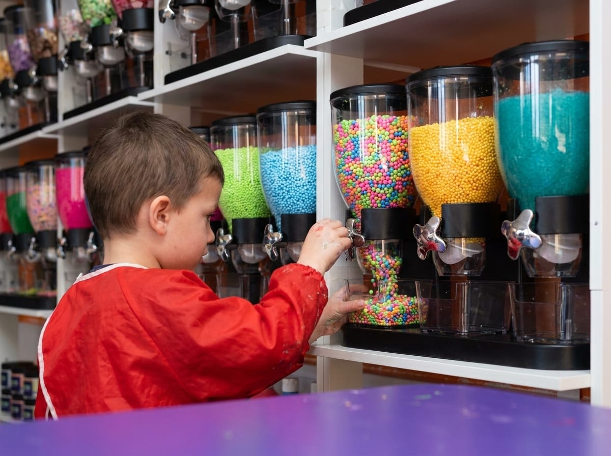 A child pulls the handle of a dispenser on a wall full of colourful mix-ins